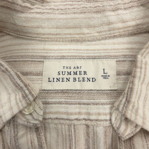 ABERCROMBIE Camp Collar Summer Linen Blend Shirt Ecru Stripe Button Down Resort - Picture 2 of 5